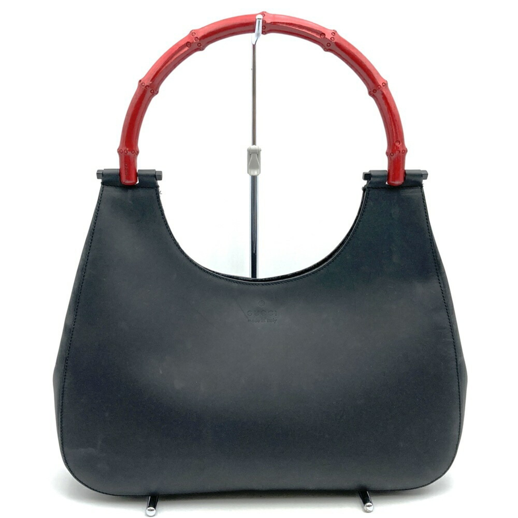Gucci 001 3739 Shoulder Bag Leather/Bamboo Black/Red Women's